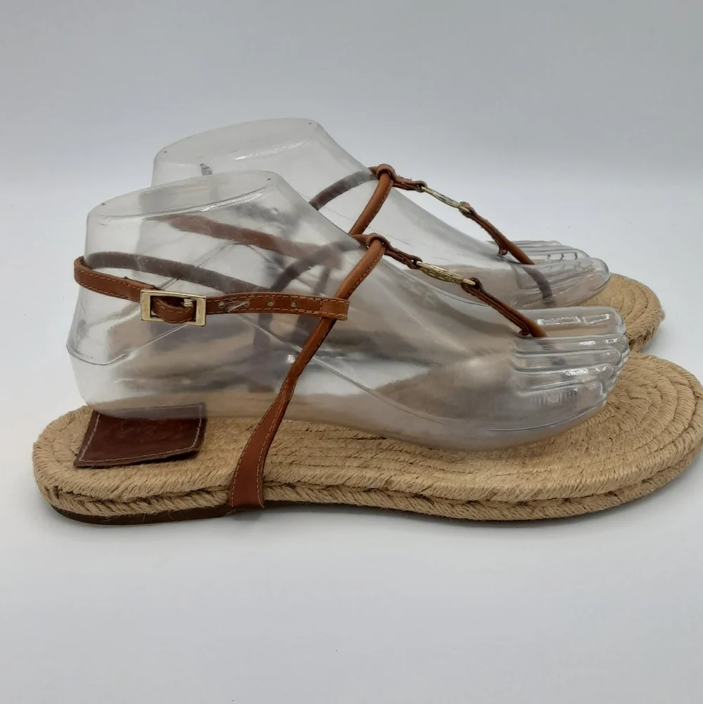 Tory Burch Emmy Brown Leather Espadrille Flat Thong Sandal.